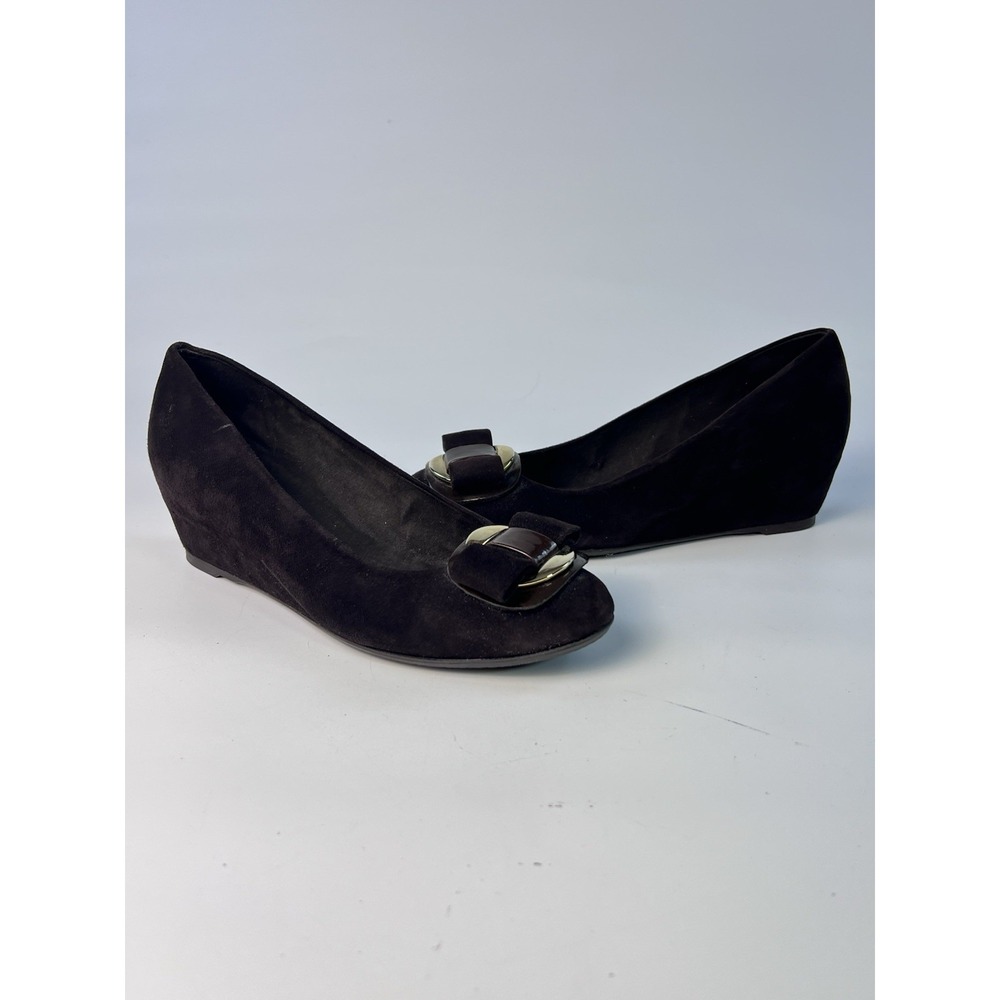 Stuart Weitzman Dark Espresso Suede Bow Oval Buckle Wedge Pumps Womens 6M